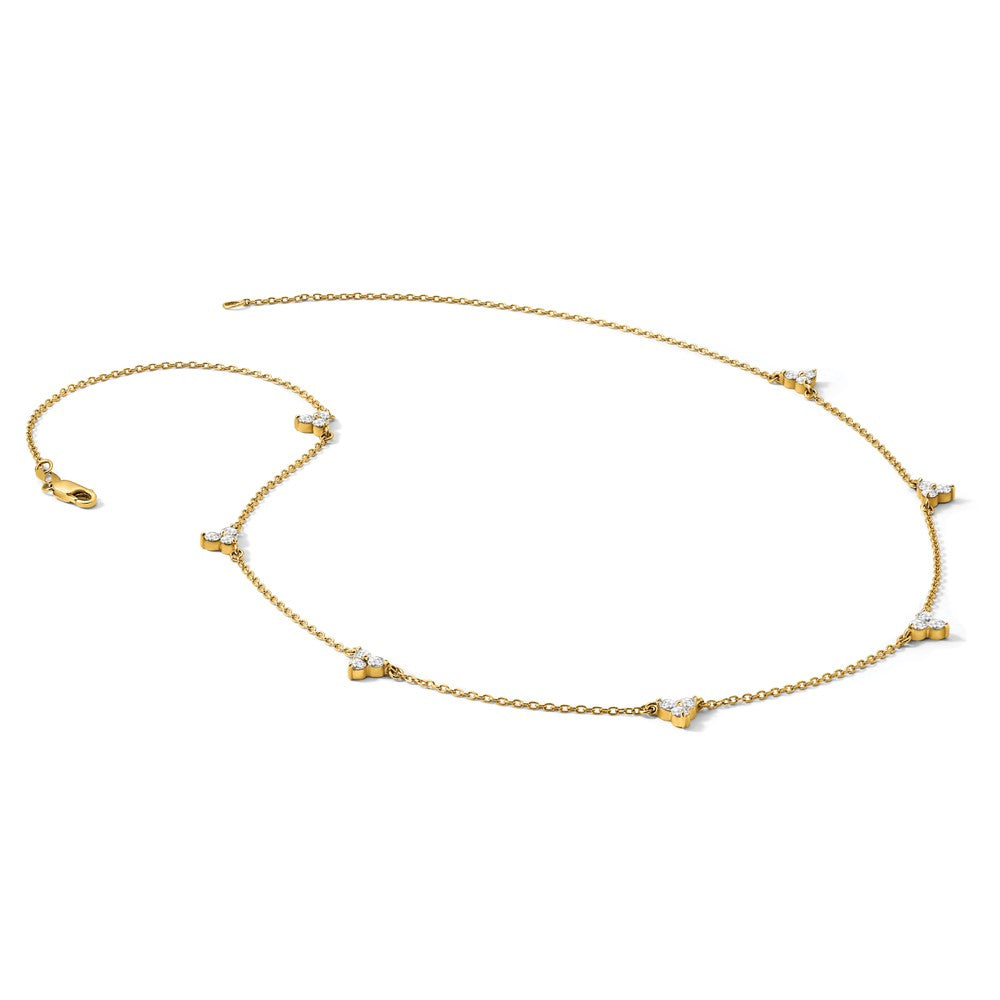14k Complete 1 carat Diamond 3-Stone Cluster 7-Station 18 inch Necklace