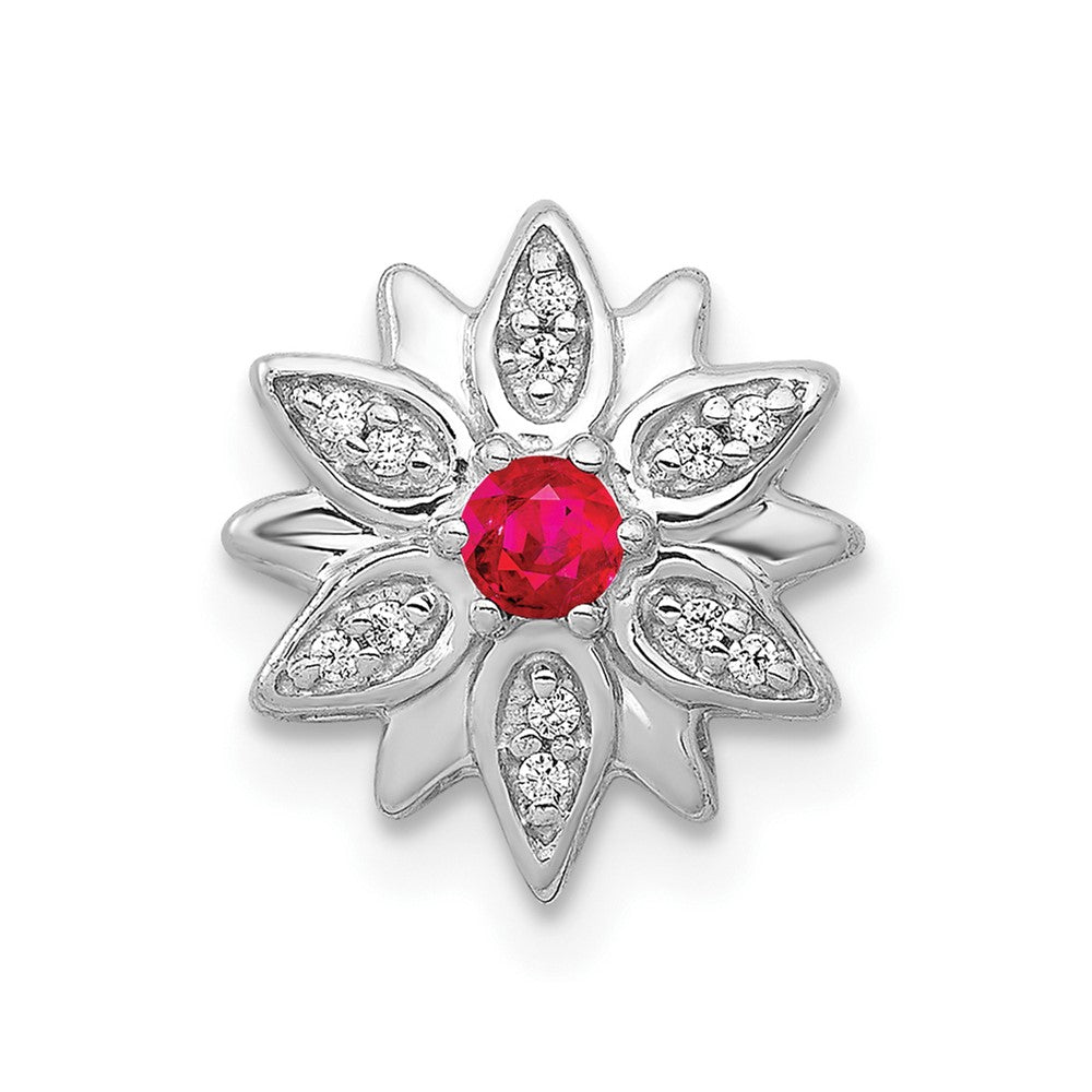 14k White Gold 1/20 carat Diamond and Ruby Flower Chain Slide