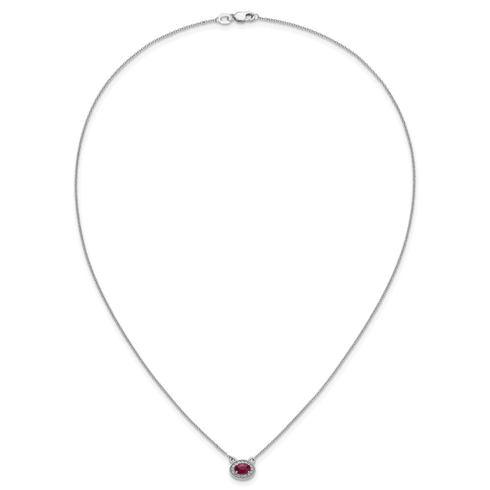 14k White Gold Diamond and 6x4mm Oval Ruby Halo East-West 18 inch Necklace