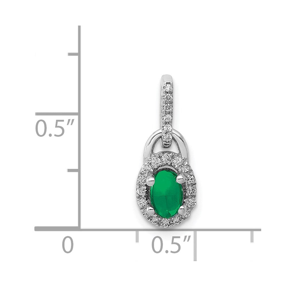 14k White Gold Diamond and Oval Cabochon Emerald Halo Pendant