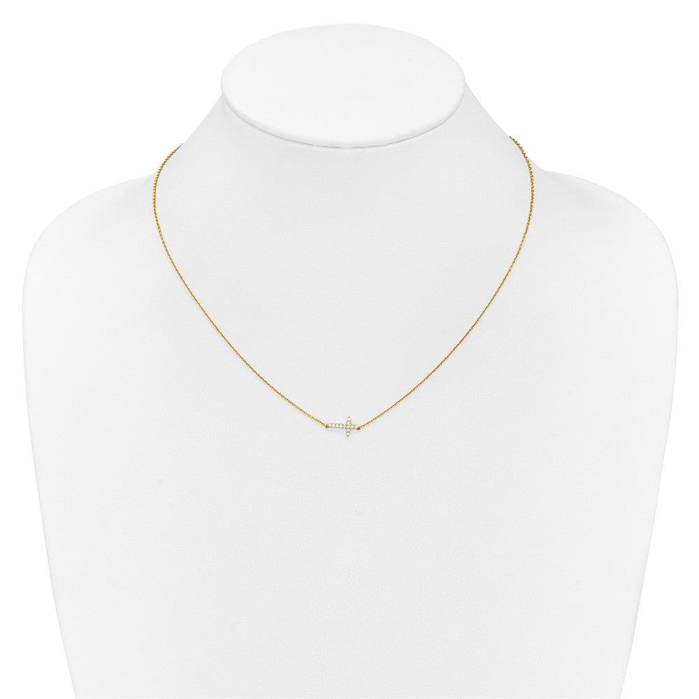 14k Polished 1/10 carat Diamond Sideways Cross 18 inch Necklace