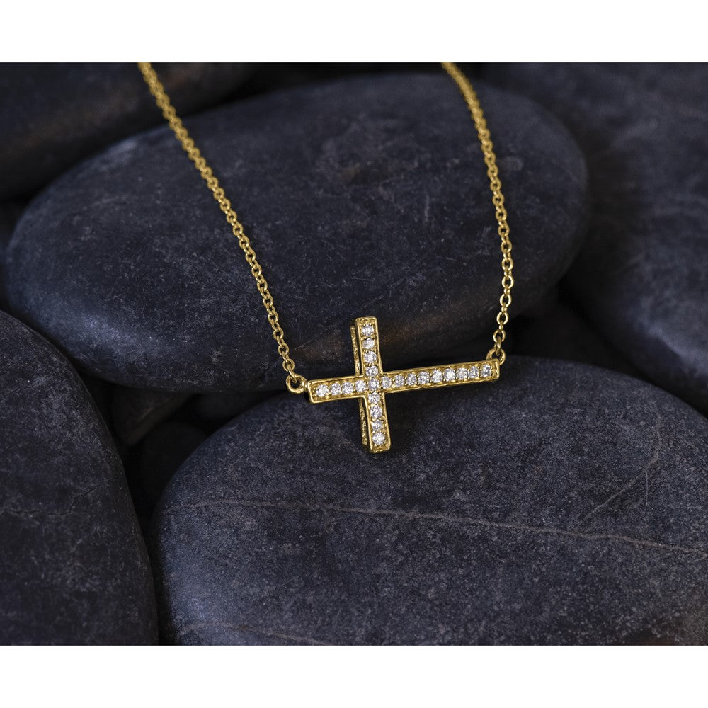 14k Polished 1/6 carat Diamond Sideways Cross 18 inch Necklace