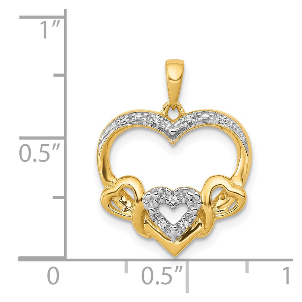 14k and White Rhodium .03 carat Diamond Heart with 3 Smaller Hearts Pendant