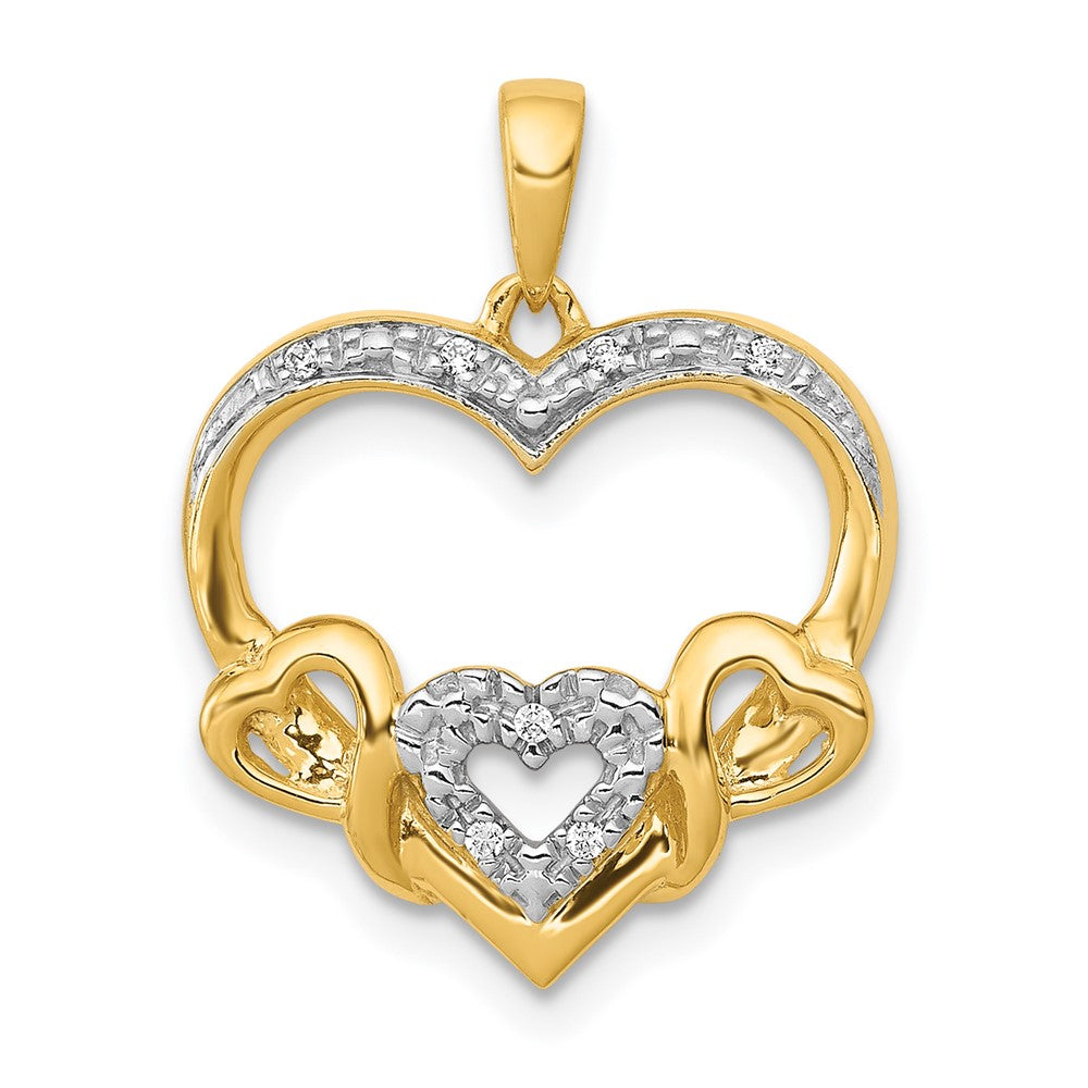 14k and White Rhodium .03 carat Diamond Heart with 3 Smaller Hearts Pendant