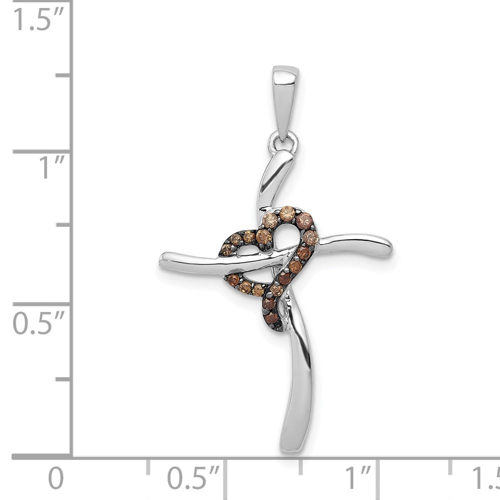 14k White Gold 1/10 carat Champagne Diamond Heart Cross Pendant