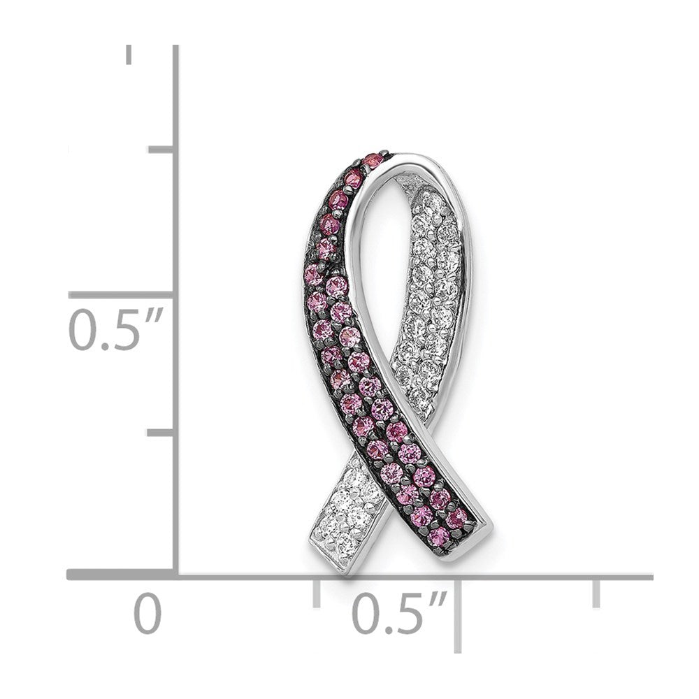 14k White Gold with Black Rhodium Diamond and Lab Created Pink Sapphire Awareness Ribbon Chain Slide