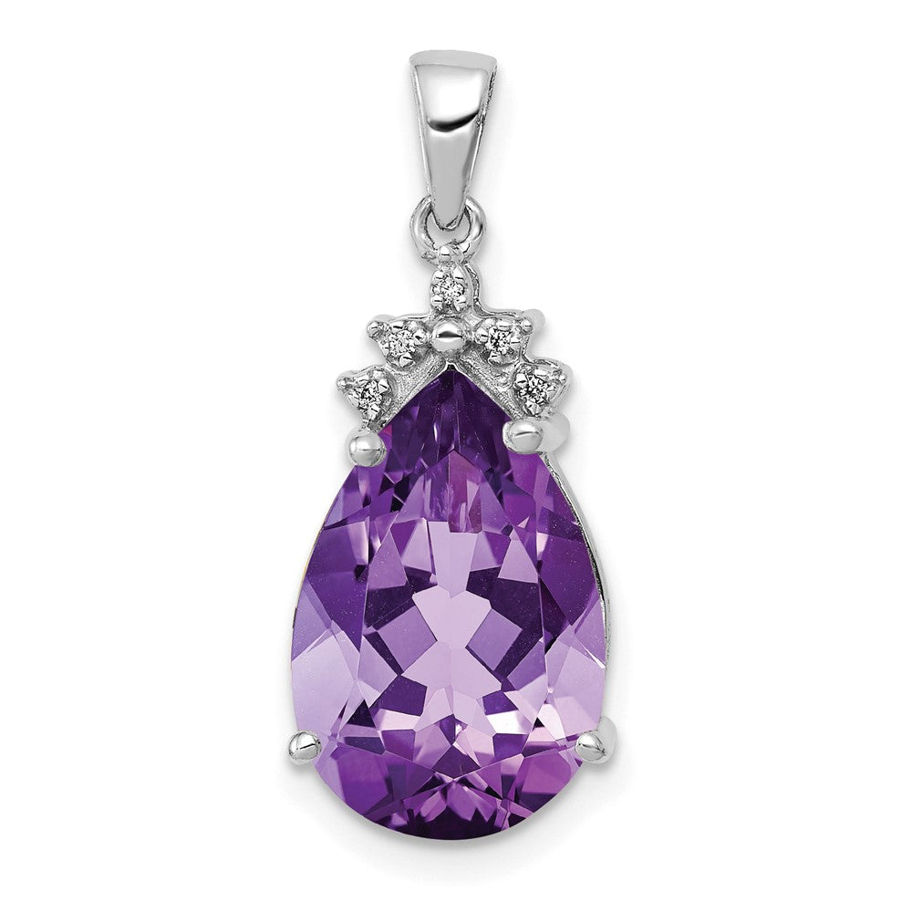 14k White Gold Pear 14x9mm Pear Amethyst and Diamond Pendant