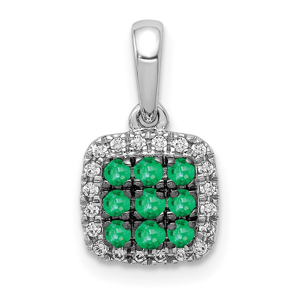 14k White Gold with Black Rhodium Diamond and .19 Emerald Cluster Square Halo Pendant
