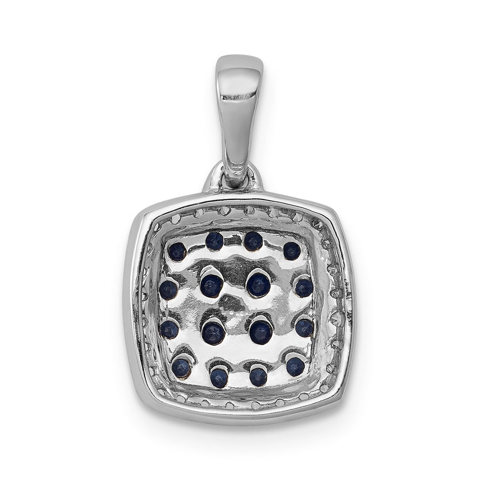 14k White Gold with Black Rhodium Diamond and Sapphire Cluster Square Halo Pendant