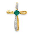 14k and White Rhodium 4mm Square Lab Created Emerald and Diamond Cross Omega Slide