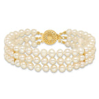 14k 5-6mm White Near-Round Freshwater Cultured Pearl 3-Strand 7.5 inch Bracelet