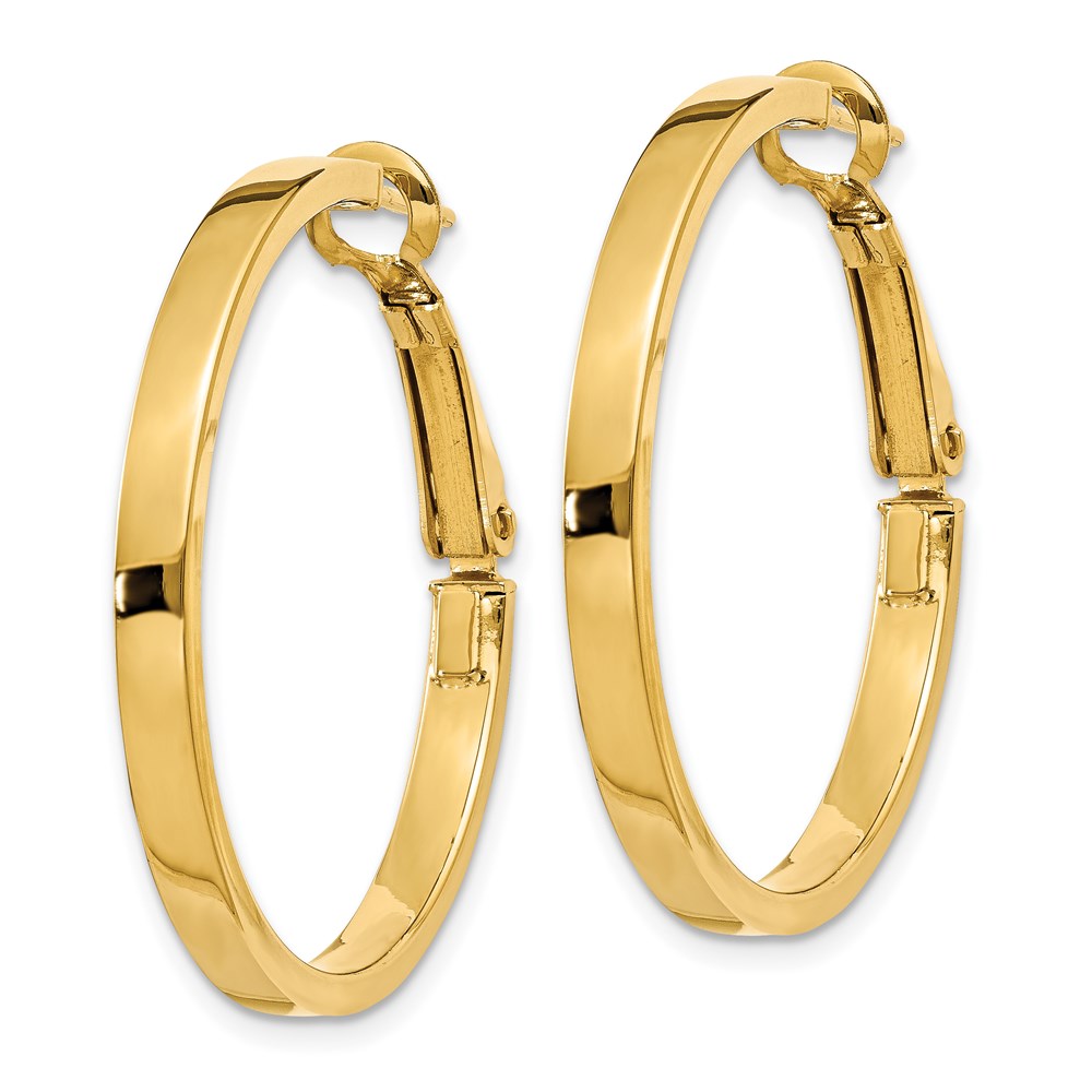 14k 3x30mm Polished Square Tube Omega Back Round Hoop Earrings