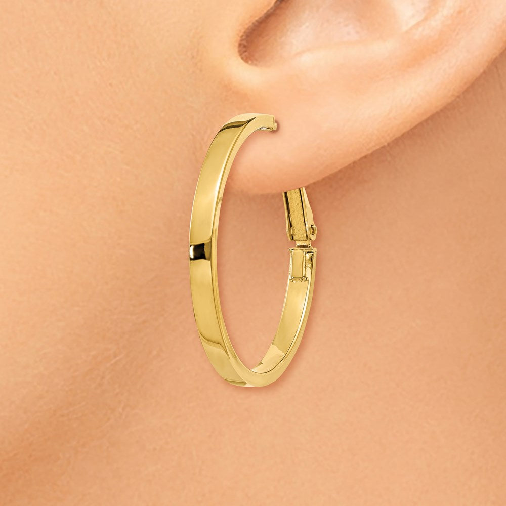 14k 3x30mm Polished Square Tube Omega Back Round Hoop Earrings