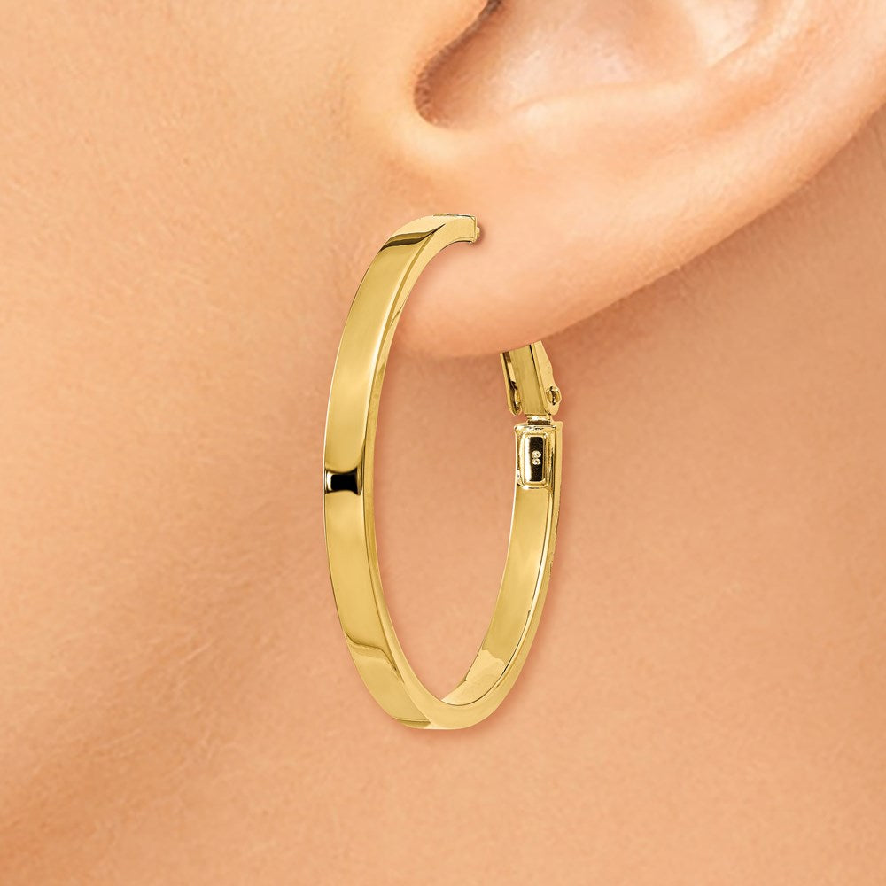 14k 3x35mm Polished Square Tube Omega Back Round Hoop Earrings