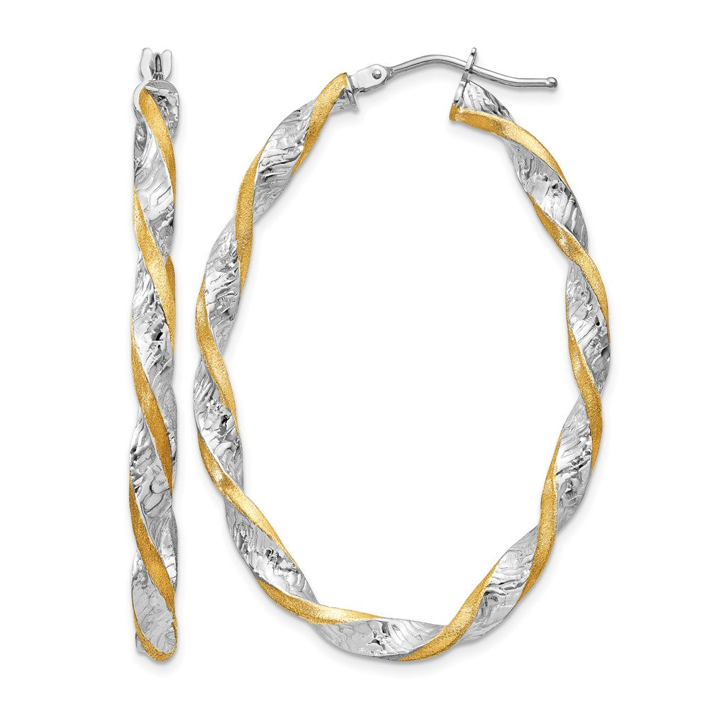 14k White Gold & Yellow Rhodium Twisted D/C Oval Hoop Earrings