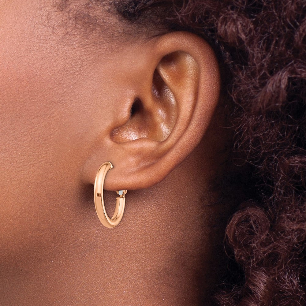 14k Rose Gold 3x22mm Polished Round Omega Back Tube Hoop Earrings