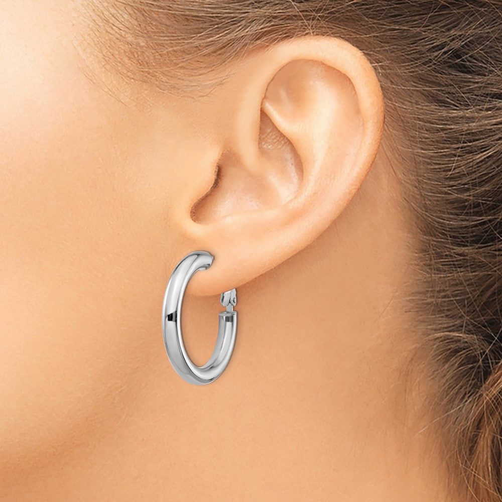 14k White Gold 4x28mm Polished Round Omega Back Tube Hoop Earrings