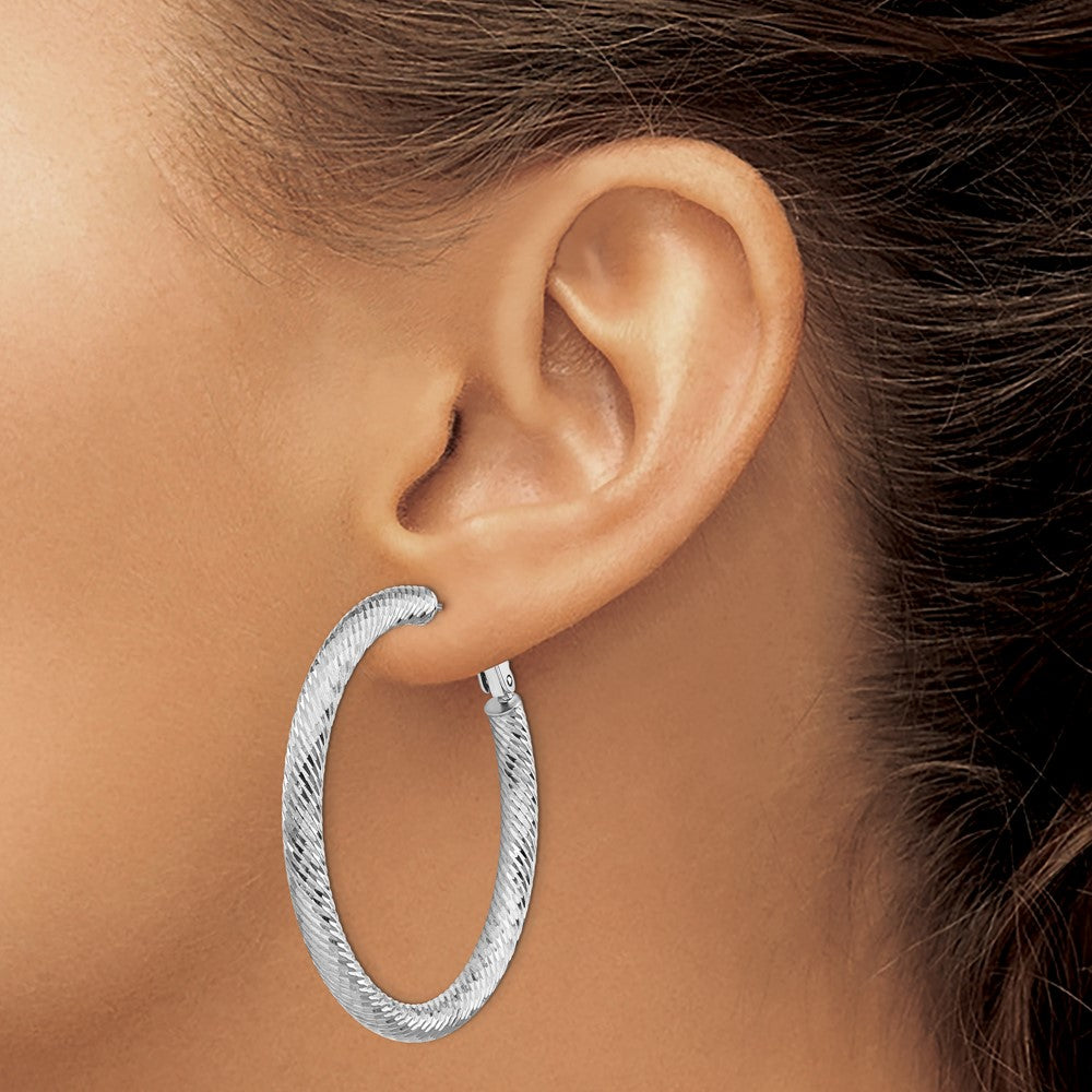 14k White Gold 4x45mm Diamond-cut Round Omega Back Tube Hoop Earrings