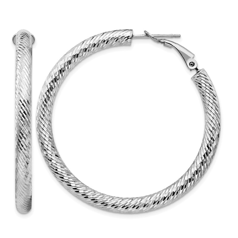 14k White Gold 4x45mm Diamond-cut Round Omega Back Tube Hoop Earrings