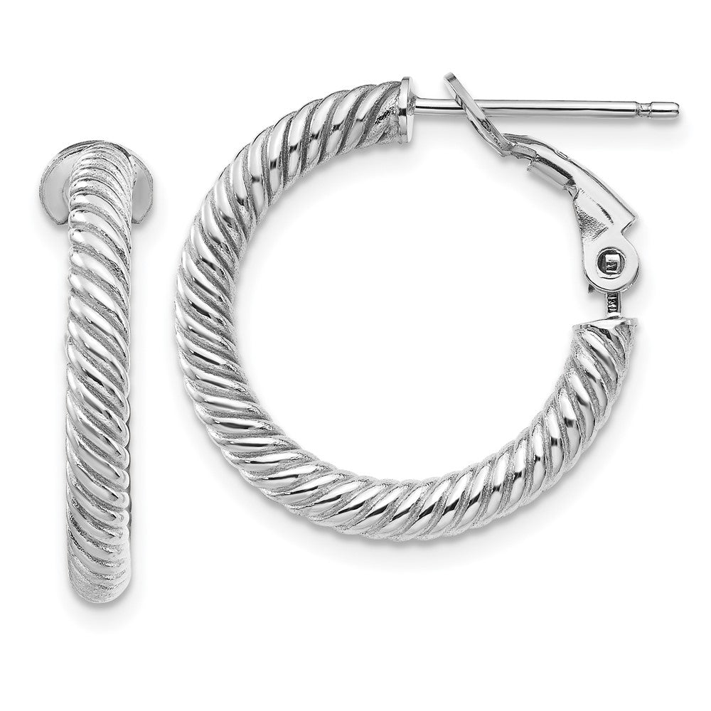 14k White Gold 3x21mm Twisted Round Omega Back Tube Hoop Earrings