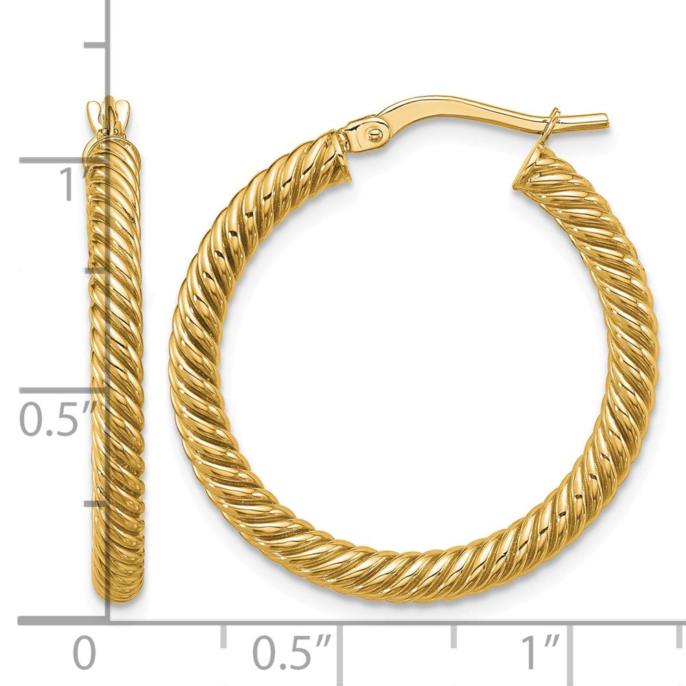 14k 3x26mm Twisted Round Tube Hoop Earrings