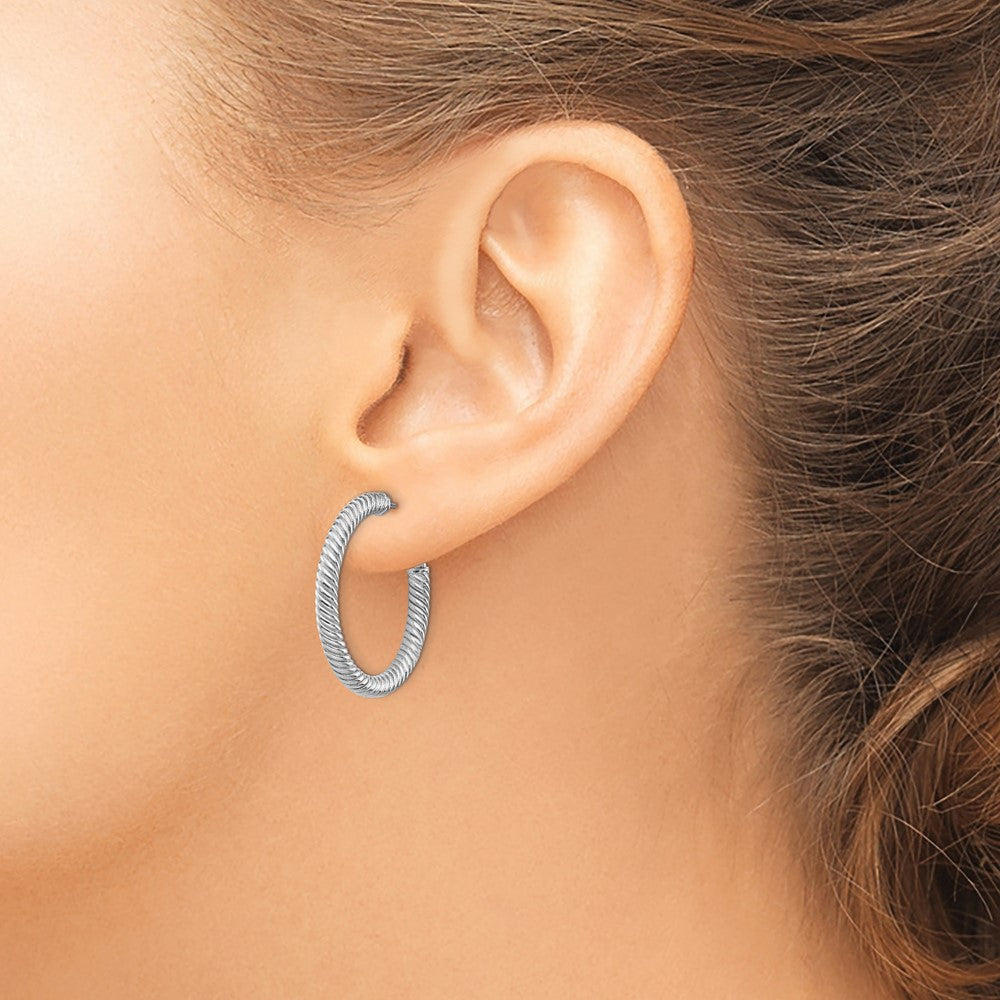 14k White Gold 3x26mm Twisted Round Tube Hoop Earrings