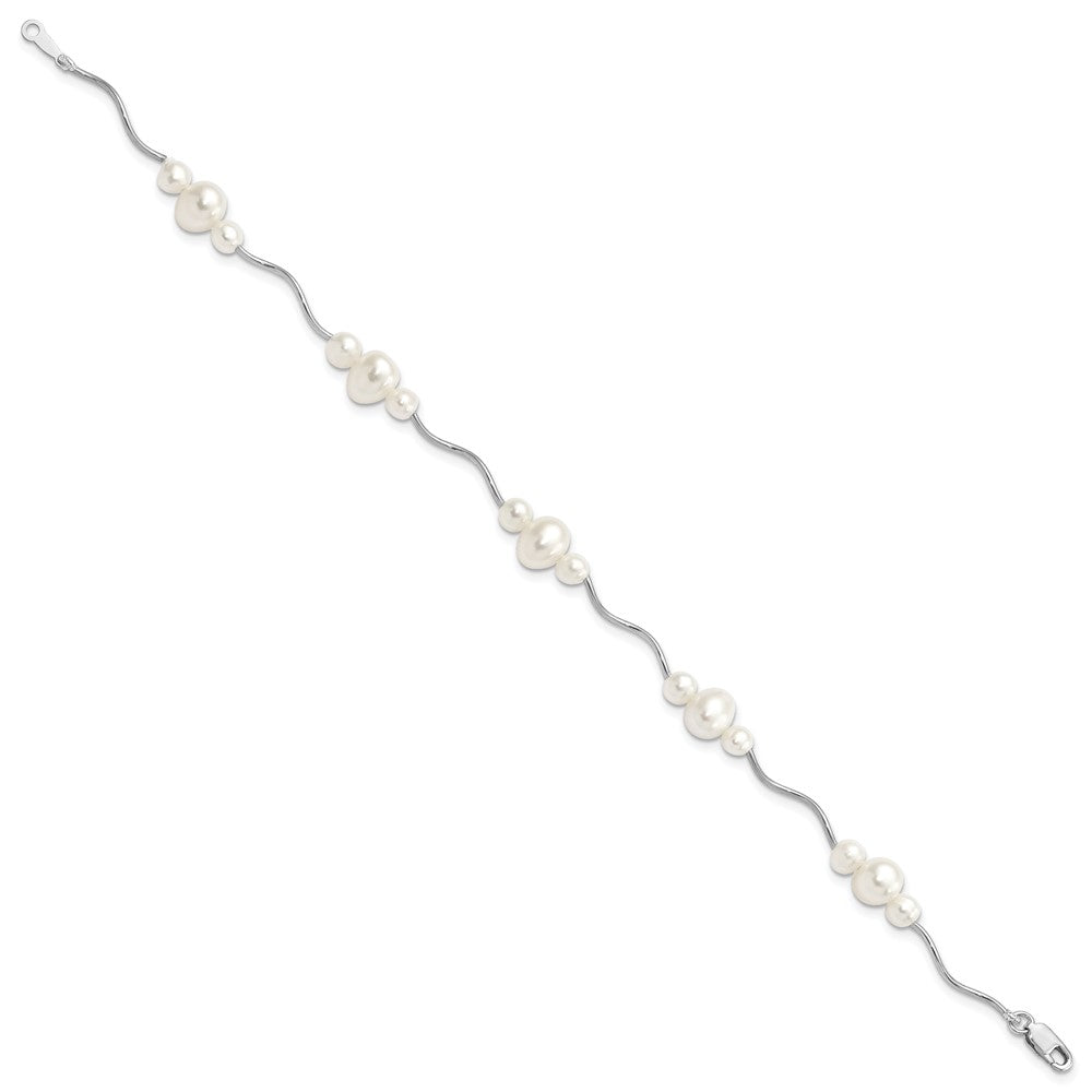 Sterling Silver Rhodium-plated 3-6mm White Near-Round Freshwater Cultured Pearl 7.25 inch Bracelet