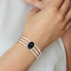 Sterling Silver Synthetic Onyx Three Strand Cuff Bangle Bracelet