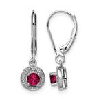 Sterling Silver Rhodium Plated Lab Created Ruby and Diamond Halo Dangle Leverback Earrings