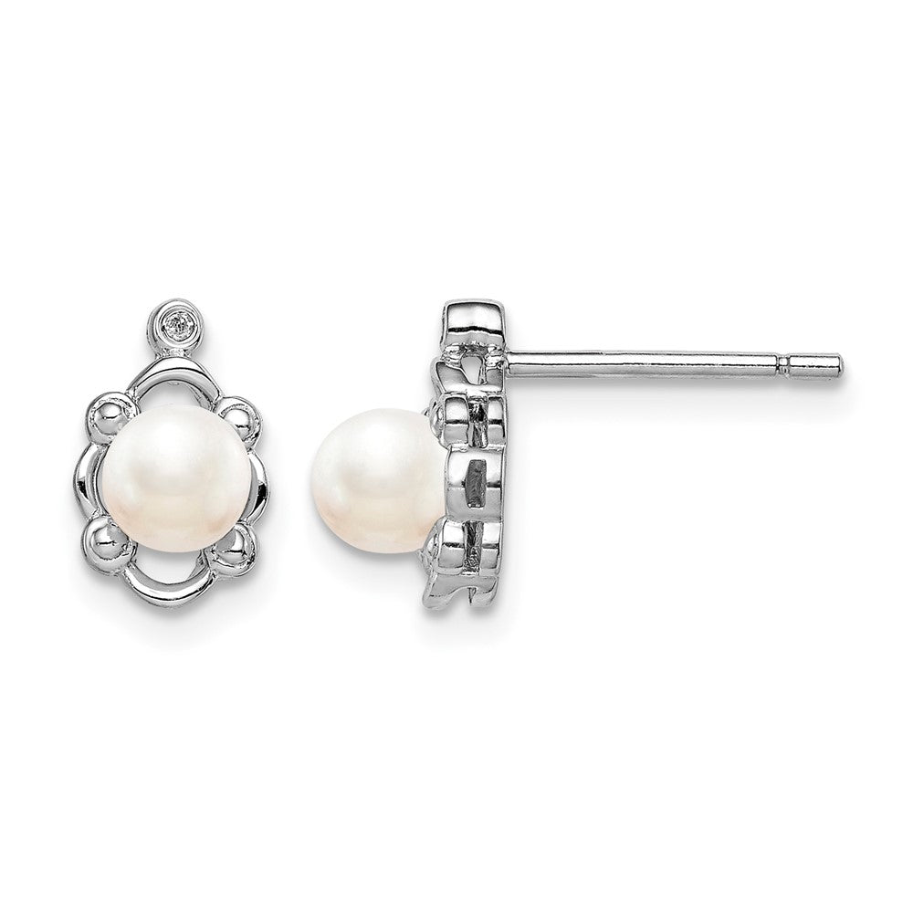 Sterling Silver Rhodium-plated FW Cultured Pearl & Diam. Earrings