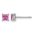 Sterling Silver Rhod-pltd 4mm Princess Cr. Pink Sapphire Post Earrings