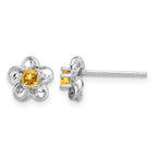 Sterling Silver Rhodium-plated Floral Citrine Post Earrings