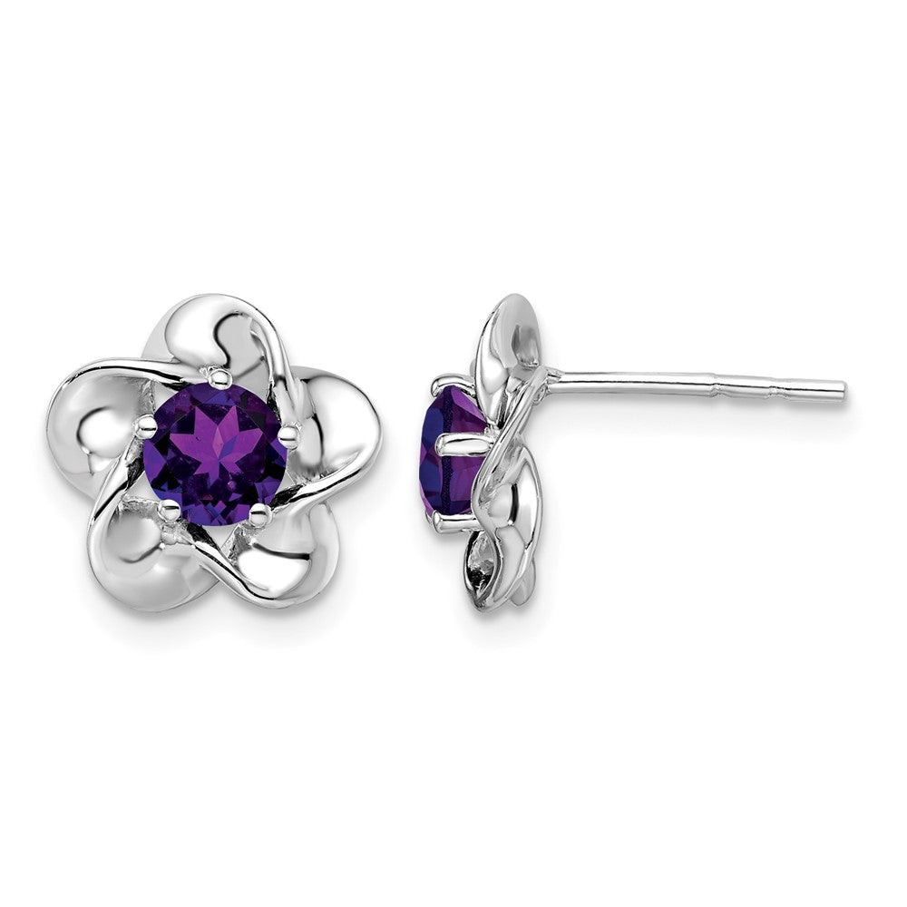 Sterling Silver Rhodium-plated Floral Amethyst Post Earrings