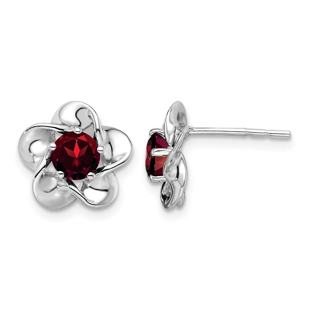 Sterling Silver Rhodium-plated Floral Garnet Post Earrings