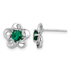Sterling Silver Rhodium-plated Floral Created Emerald Post Earrings