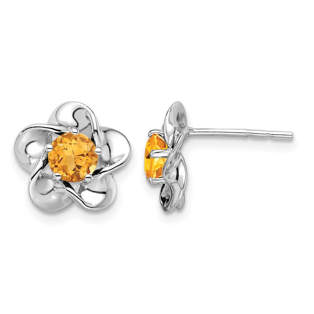 Sterling Silver Rhodium-plated Floral Citrine Post Earrings