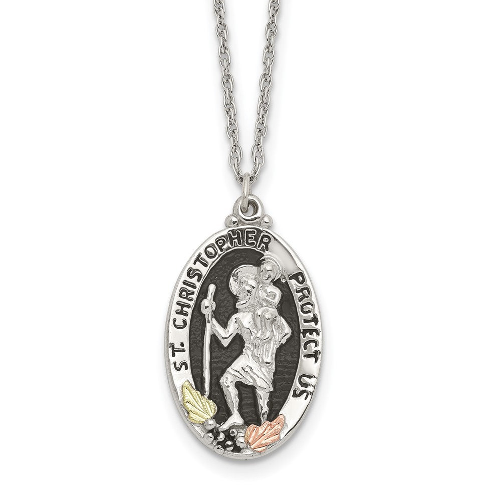 Landstrom's Mt. Rushmore Black Hills Sterling Silver 12K Gold Accents Antiqued St. Christopher Protect Us 18 inch Spring Ring Clasp Necklace