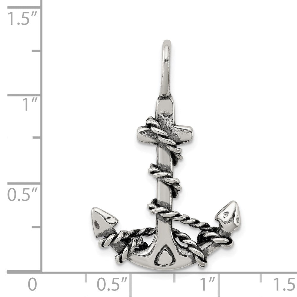 Sterling Silver 3D Antiqued Anchor and Rope Pendant