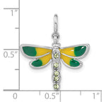 Sterling Silver Rhodium-plated Polished Green CZ & Enameled Dragonfly w/ Spring Ring Clasp Charm