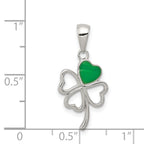 Sterling Silver Rhodium-plated Green Enameled Four Leaf Clover Pendant