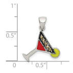 Sterling Silver Rhodium-plated and Hematite-plated Marcasite Red and Green Enameled Martini Pendant