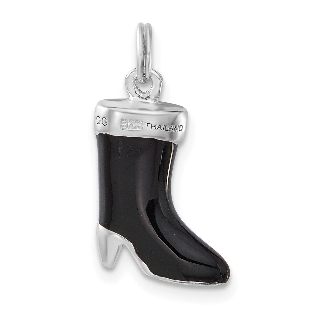 Sterling Silver Polished CZ & Black Enamel Boot Charm