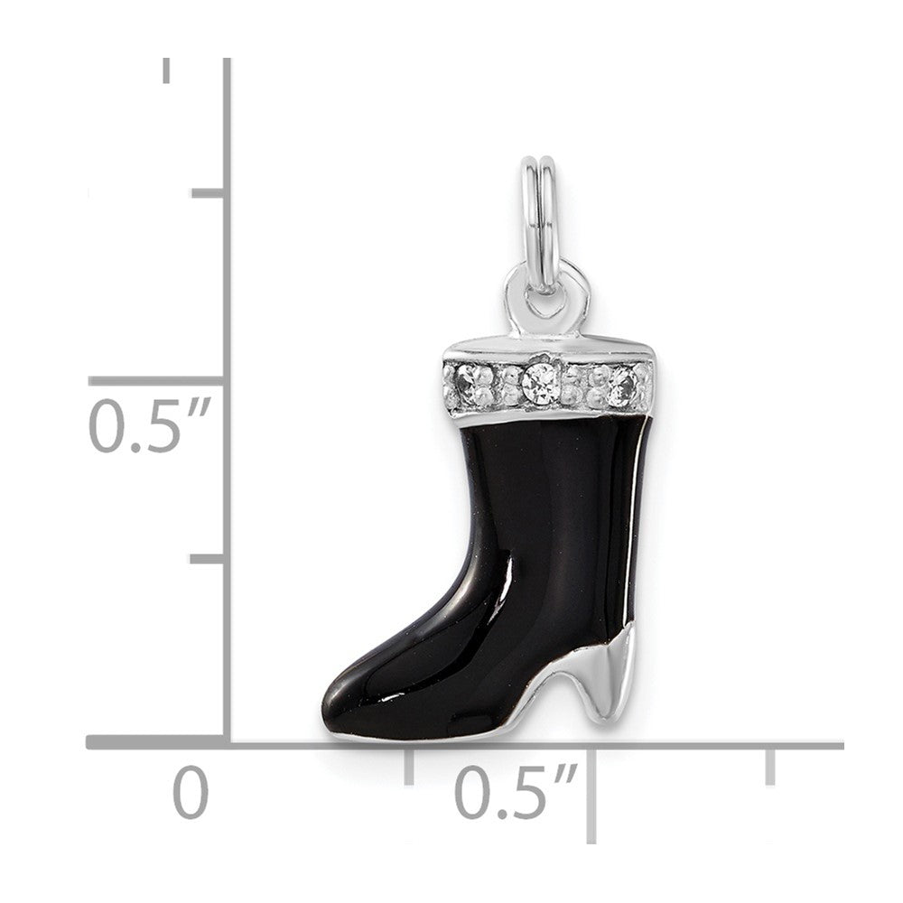 Sterling Silver Polished CZ & Black Enamel Boot Charm