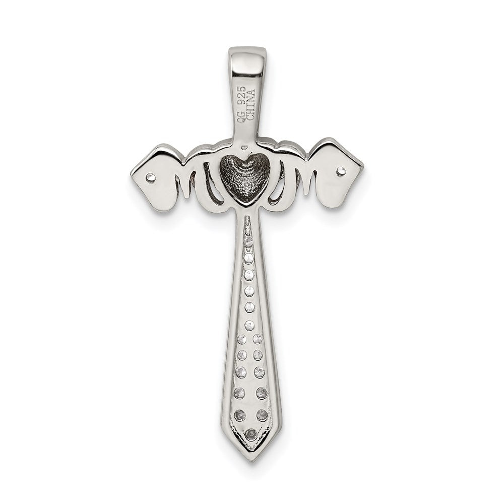 Sterling Silver Polished Rhodium & Rose Gold-plated Mom CZ Cross Pendant
