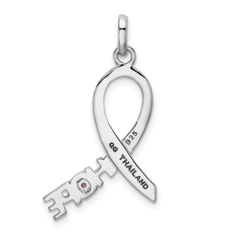Sterling Silver Rhodium-plated Pink CZ Hope Awareness Ribbon Pendant