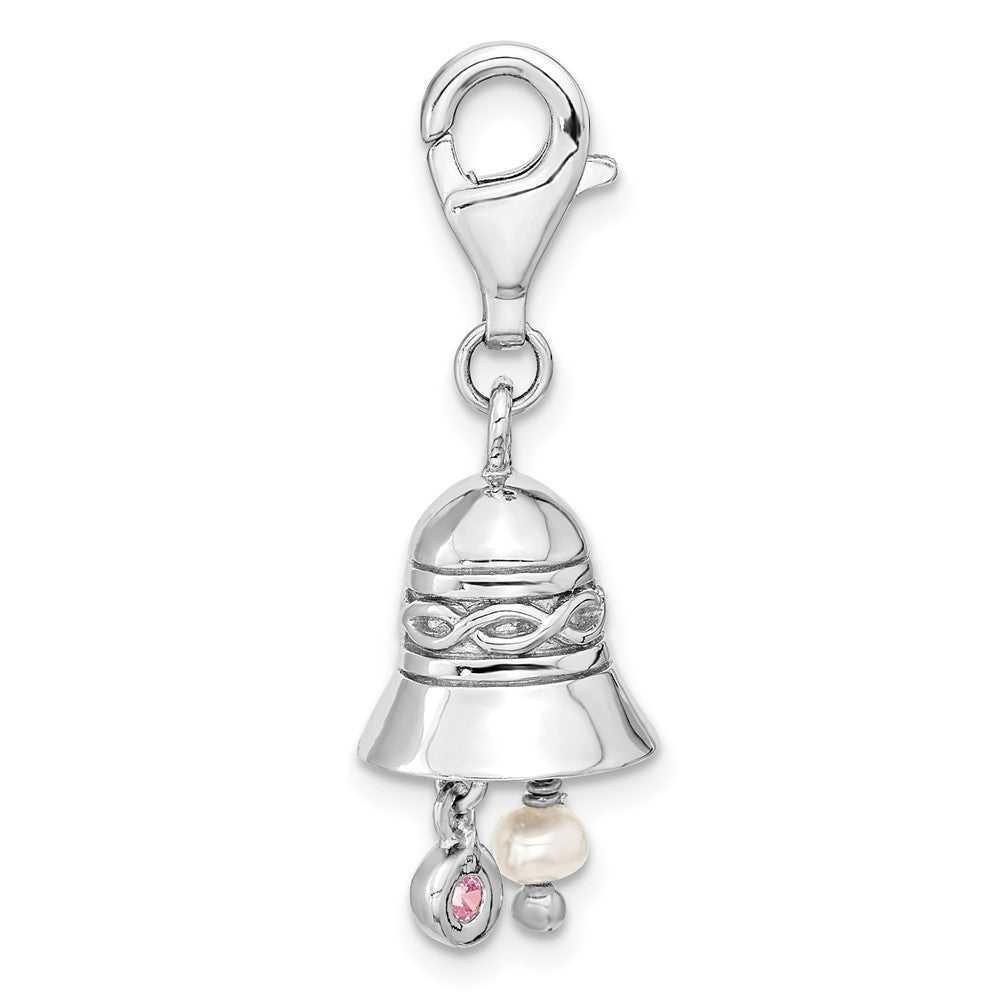 Amore La Vita Sterling Silver Rhodium-plated Polished 3-D CZ and Freshwater Cultured Pearl Wedding Bell Charm with Fancy Lobster Clasp