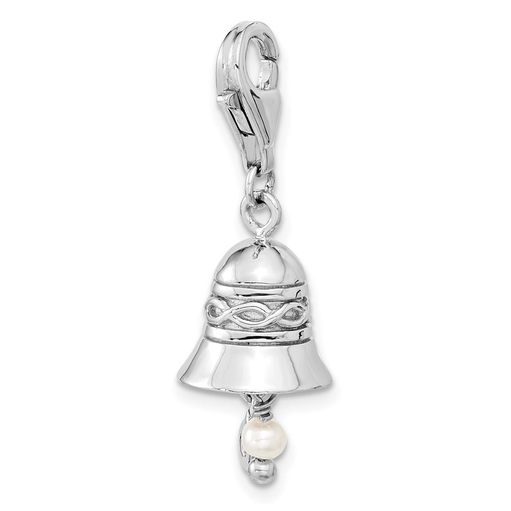 Amore La Vita Sterling Silver Rhodium-plated Polished 3-D CZ and Freshwater Cultured Pearl Wedding Bell Charm with Fancy Lobster Clasp