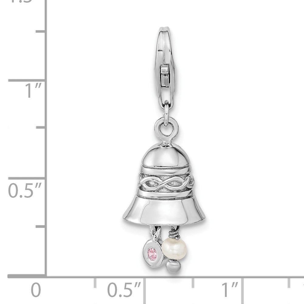 Amore La Vita Sterling Silver Rhodium-plated Polished 3-D CZ and Freshwater Cultured Pearl Wedding Bell Charm with Fancy Lobster Clasp