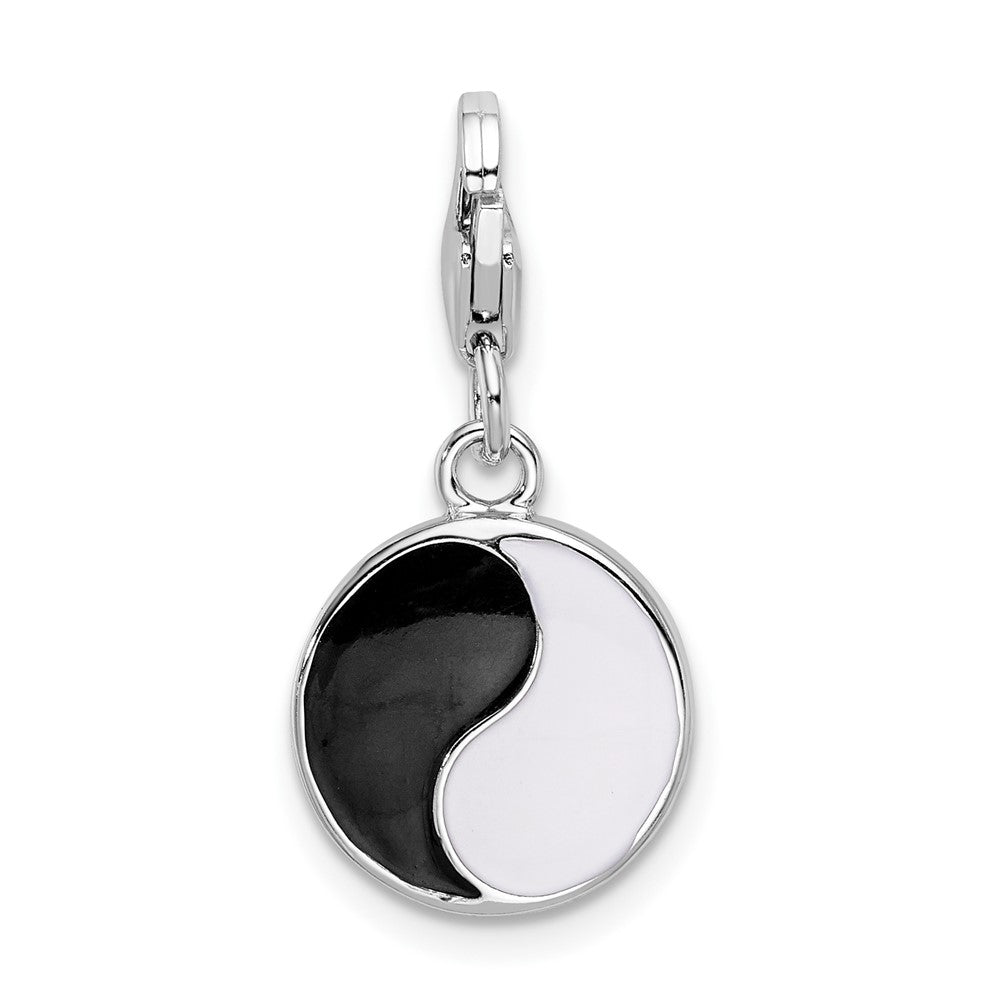 Amore La Vita Sterling Silver Rhodium-plated Polished Enameled Crystal Yin and Yang Charm with Fancy Lobster Clasp