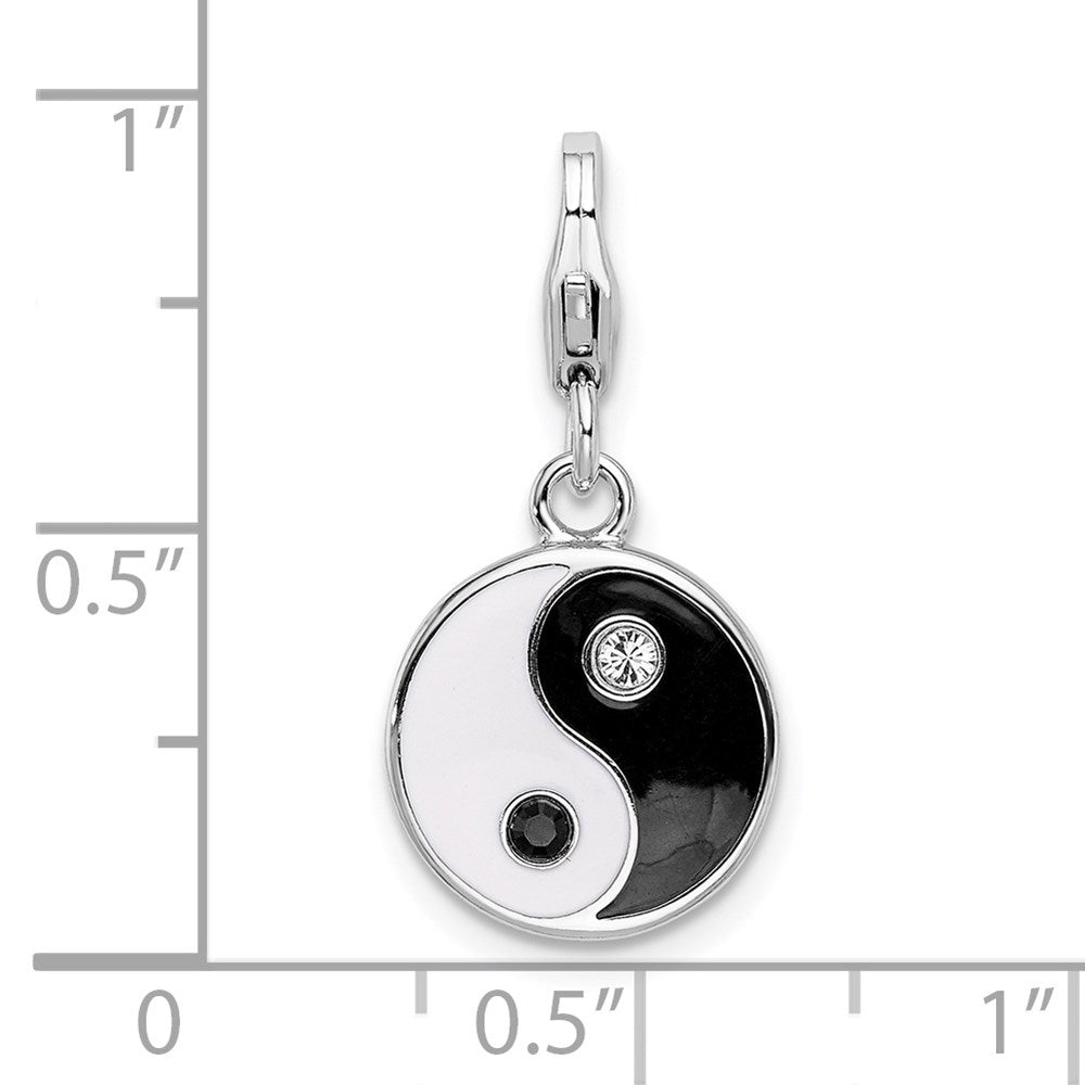 Amore La Vita Sterling Silver Rhodium-plated Polished Enameled Crystal Yin and Yang Charm with Fancy Lobster Clasp
